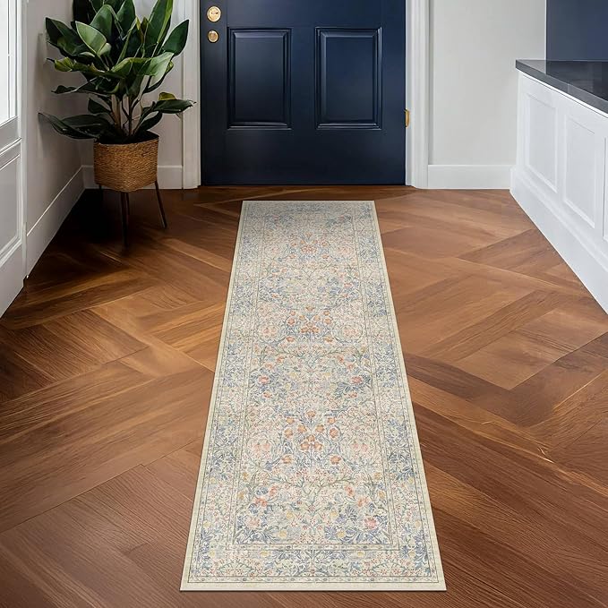 Washable Bathroom Runner Rug 2x6 - Long Runner Rugs for Laundry Room, Bedroom, 24 x 72 Kitchen Floor Mat - Non Slip Vintage Design Décor, Beige Blue