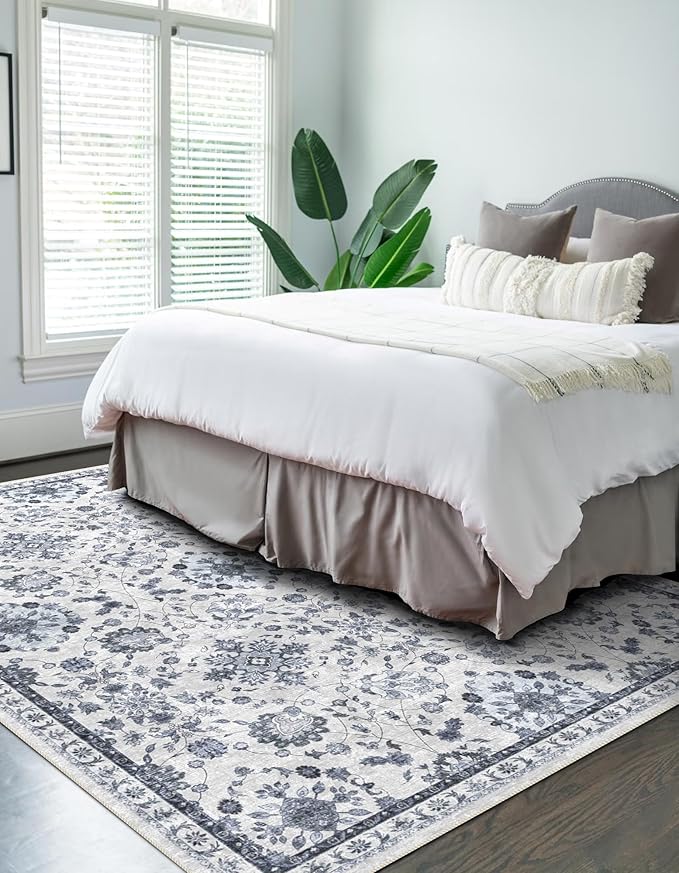 vivorug 6x9 Rug, Stain Resistant Washable Rug for Living Room, Floral Area Rug Vintage Inspired (Ivory/Blue, 6'x9')