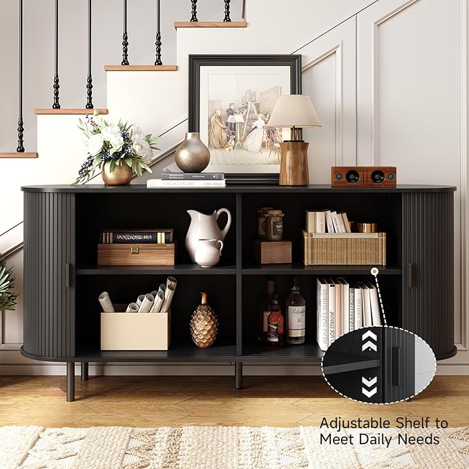 ONBRILL 63" Sideboard Buffet Cabinet with Storage, Storage Cabinet with Sliding Door & Adjustable Shelf, Modern Accent Coffee Bar Console Table for Kitchen, Entryway, Black