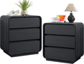 Black Night Stand Set of 2 with Charging Station, 25" Tall Wood Nightstand, Modern Dresser End Table with 3 Storage Drawers, Curved Profile, Mid Century Bedside Table for Bedroom Office