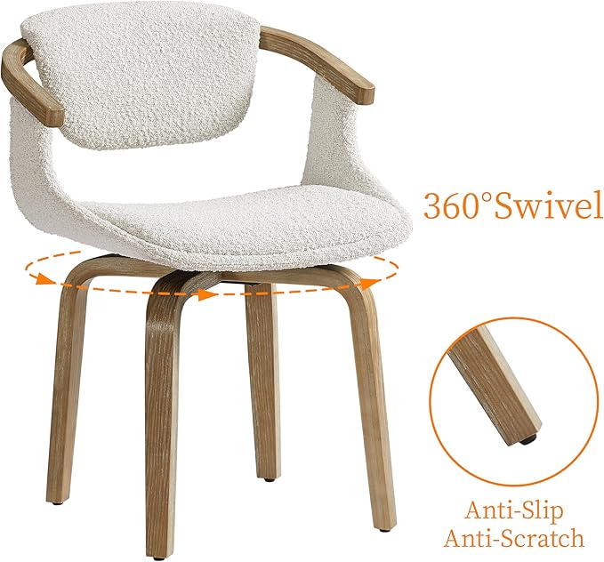 Art Leon Desk Chair No Wheels, Mid Century Modern Swivel Accent Chair, Boucle Fabric Home Office Desk Chair for Small Spaces Living Room Bedroom, White