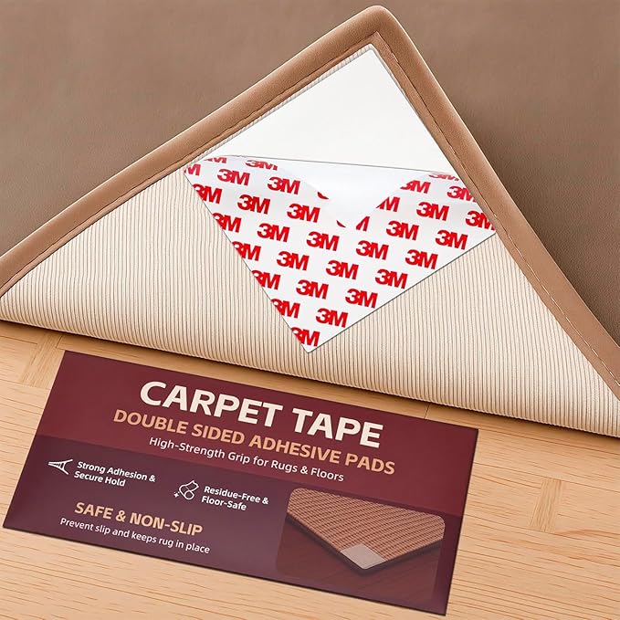 12PC Carpet Tape Double Sided, Heavy Duty Rug Tape for Hardwood Floors, Non-Slip Carpet Adhesive Tape for Area Rugs, Strong Grip