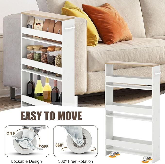 Giantex Slim Storage Cart 4 Tier, Rolling Side Cabinet w/Handle, Space Saving, Kitchen Utility Cart Tower Rack for Laundry Narrow Places (White & Brown)