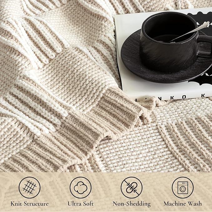 Amélie Home Checkered Knit Throw Blanket for Couch, Chenille Texture Decorative Soft Blanket for Sofa & Chair, 50"x60", Khaki & White