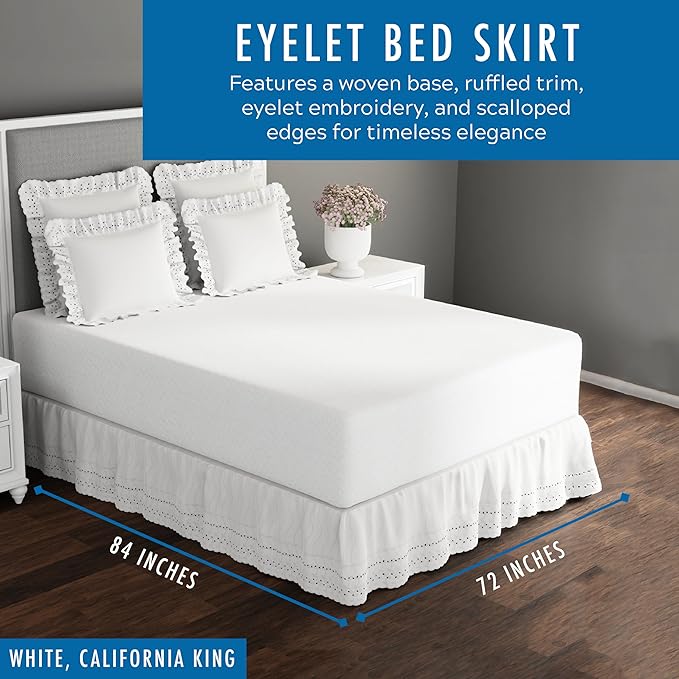 Fresh Ideas Eyelet Bed Skirt, Ruffled Design, 14 Inch Drop, Embroidered Scalloped Edge, California King, White