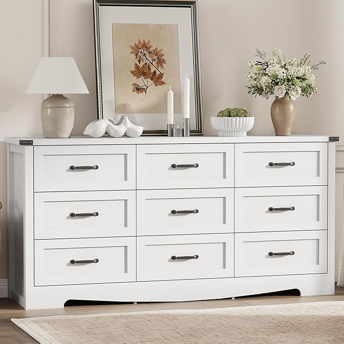 Dresser for Bedroom with 9 Drawers, 63" Wide Wood Chest of Drawers with Deep Drawers & Mental Handle, Modern Dresser TV Stand, Wooden Closet Storage Organizer for Living Room, Hallway, Entryway, White
