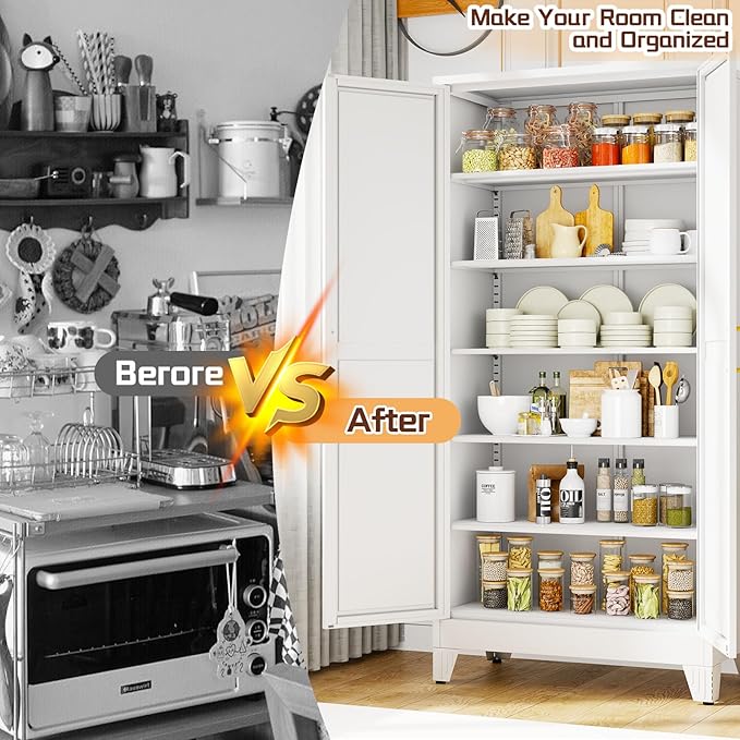 75" Metal Kitchen Pantry Cabinet,White Storage Cabinet with Doors and 5 Adjustable Shelves, Cabinet with 2 Metal Handles,Tall Cabinet for Livingroom,Pantry, Bathroom,Kitchen