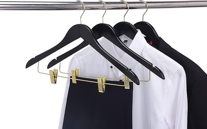 Quality Hangers Quality Wooden Skirt Hangers with Clips 80-Pack Black Pants Adjustable Gold Metal Clips, Swivel Hook, Coat, Jacket, Blouse Suit (Black - 80) 17.5''