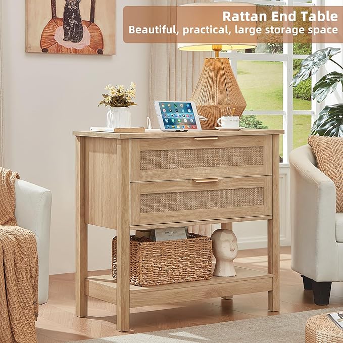 LEYAOYAO 31.5" Wide Rattan Night Stand Set 2 with Charger Station, Oversized Large Boho Nightstand with 2 Drawer, Natural Wood Bed Side End Tables, Tall Bedside Table for Bedroom Living Room, Hallway