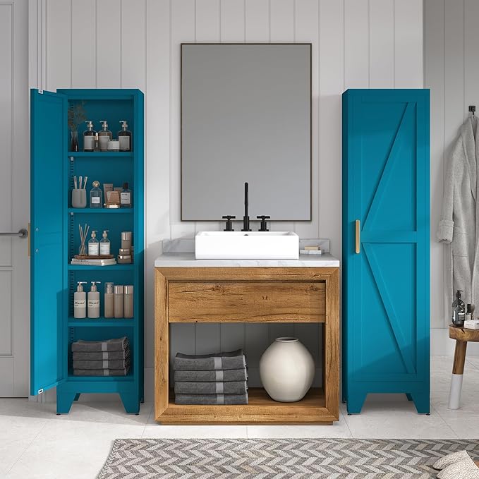 COFaR Tall Bathroom Cabinet, Metal Farmhouse Narrow Slim Storage Cabinet with Adjustable Shelves Barn Door for Bathrooms, Kitchens, Entrances Living Room (Blue)