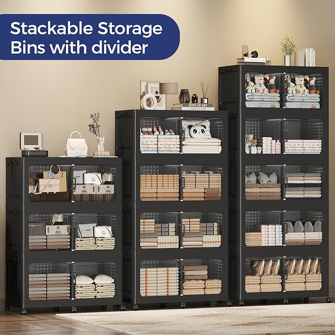 640 QT Extra Large Stackable Storage Bins with Lid, 160 Gal Collapsible Storage Box with Wheels, Folding Closet Organizers and Storage Cabinet with Doors for Home, Kitchen, Office, 4Pack Black