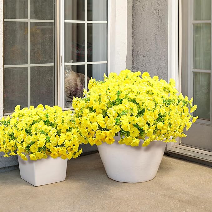 Artificial Flowers Fake Plants for Outdoors Decoration, 12 Bundles Yellow Silk Morning Glory with Eucalyptus Realistic UV Resistant Faux Flowers for Outside Planter Porch Yard Patio Garden Home Indoor