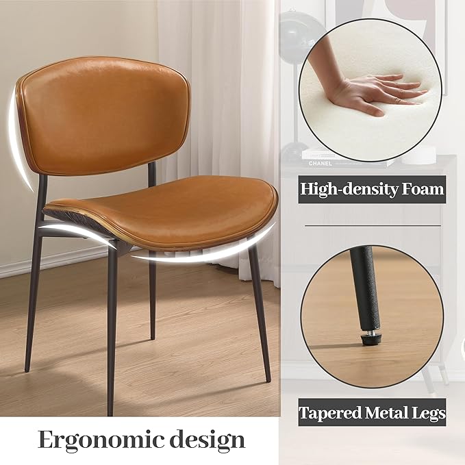 Art Leon Faux Leather Dining Chairs, Set of 2, Mid Century Modern Desk Chair No Wheels, Armless Accent Chair with Black Metal Legs, Brown/Gray Oak