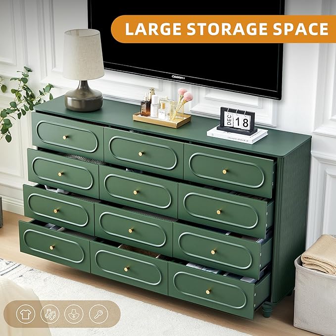 12 Drawer Fluted Dresser for Bedroom, Mid Century Modern Chest of Drawers, Wood Storage Small Dresser Organizer for Bedroom Living Room Hallway Closet, Green
