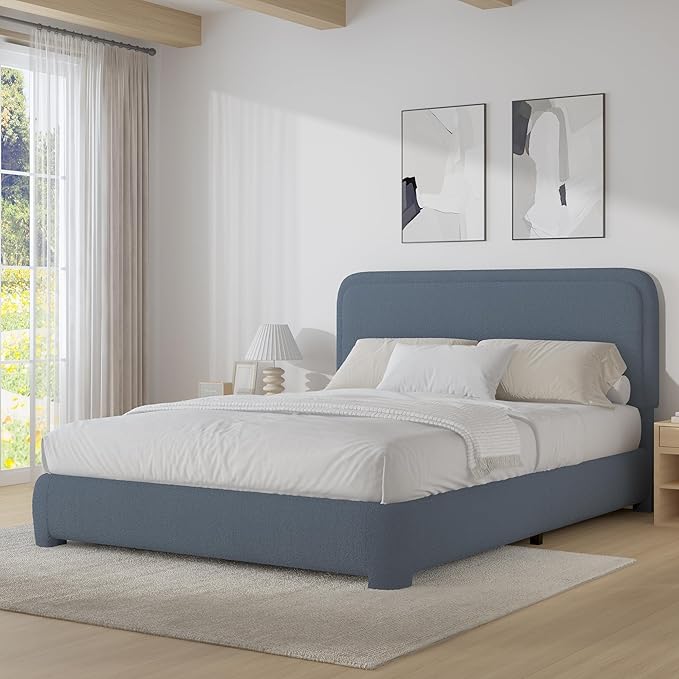 BarnFurin Full Size Bed Frame,Cloud Boucle Upholstered Platform Bed Frame with Headboard, Modern Style, Soft Rounded Corners, No Box Spring Required, Easy Assembly, Blue