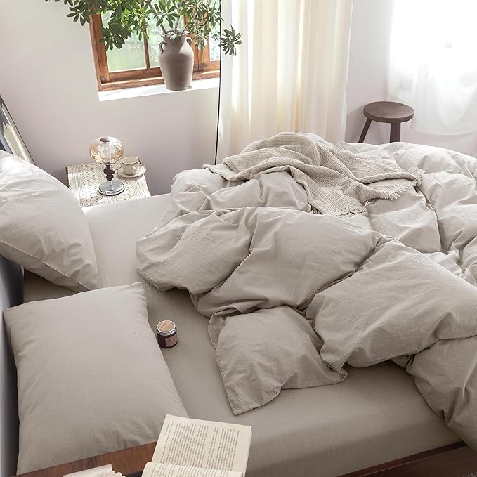 FOSSA Duvet Cover Set 100% Washed Cotton Linen Feel Super Soft Breathable Cozy 3 Pieces Bedding Sets Solid Cream Grey King