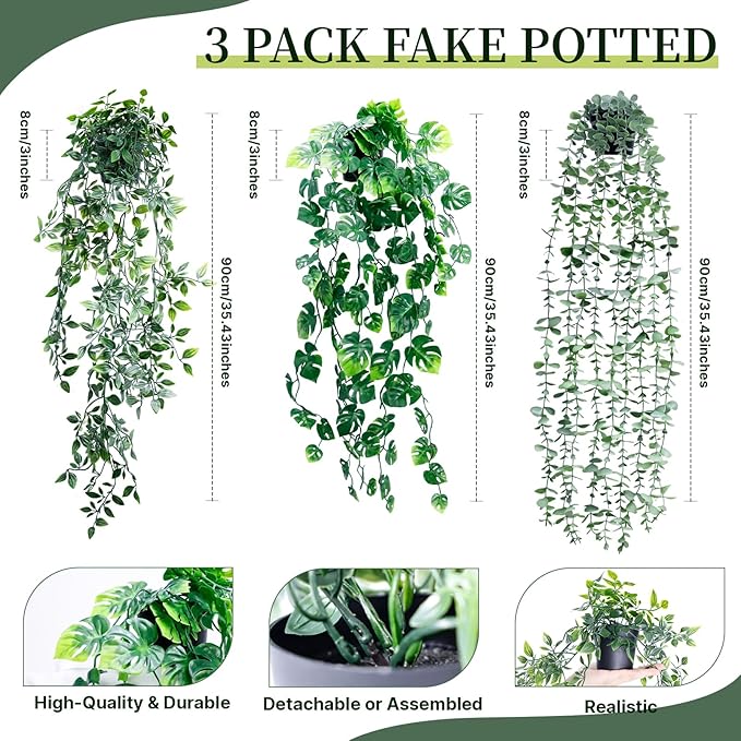 Artificial Hanging Plants for Shelf, 3-Pack Fake Potted Greenery Faux Mandala Monstera and Eucalyptus Vines in Black Pot, Décor for Office Living Room Bathroom Indoor Outdoor