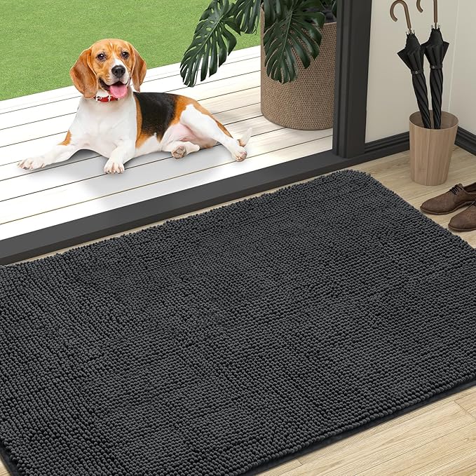 OLANLY Dog Door Mat for Muddy Paws 47x32, Absorbs Moisture and Dirt, Absorbent Non-Slip Washable Doormat, Quick Dry Chenille Mud Mat for Dogs, Entry Indoor Entryway Carpet for Inside Floor, Dark Grey