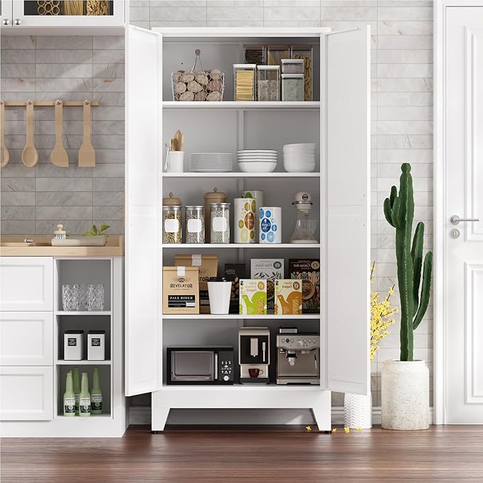 Farmhouse Pantry Cabinet,71" H x 31.5" W,Metal Cabinet with Adjustable Shelves and Barn Doors,5-Tier Storage Cabinet for Kitchen Dining Room Garage,White