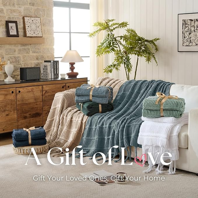 Boho Knitted Chenille Blanket with Tassels - Lightweight & Soft All-Season Throw - 3D Classic Pattern for Living Room Bedroom Couch, Celestial Blue, Queen 90"x90"