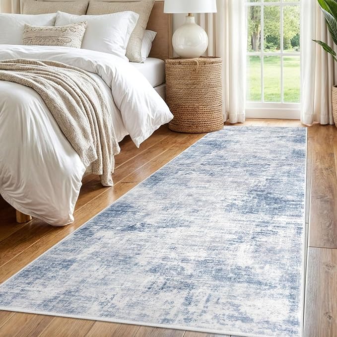 IOHOUZE Abstract Runner Rug 3x8 Ft Washable Runners for Hallways, Non Slip Kitchen Runner Printed Faux Wool Entryway Runner Indoor, Modern Abstract Floor Carpet for Hall Bedroom, Light Blue White