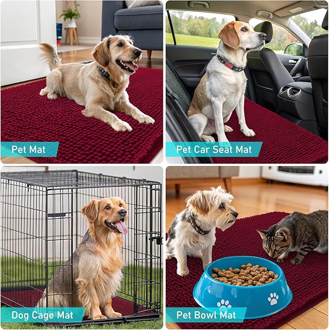 OLANLY Dog Door Mat for Muddy Paws 24x16, Absorbs Moisture and Dirt, Absorbent Non-Slip Washable Doormat, Quick Dry Chenille Mud Mat for Dogs, Entry Indoor Entryway Carpet for Inside Floor, Burgundy