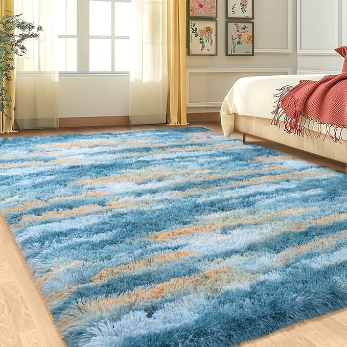 8x10 Rugs for Living Room, Soft Fluffy Blue Fuzzy Shag Large Area Rugs for Bedroom Boys Girls Kids Room Nursery Dorm Home Decor, Non-Slip Plush Shaggy Indoor Carpet