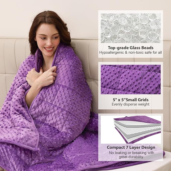Minky Dot Weighted Blanket for Adults Queen Size 15 lbs, Warm Sherpa Snuggle Heavy Blanket for Autumn Winter with Glass Beads, Great for Stress Relief and Sleep Promotion, Purple 60 x 80 inches