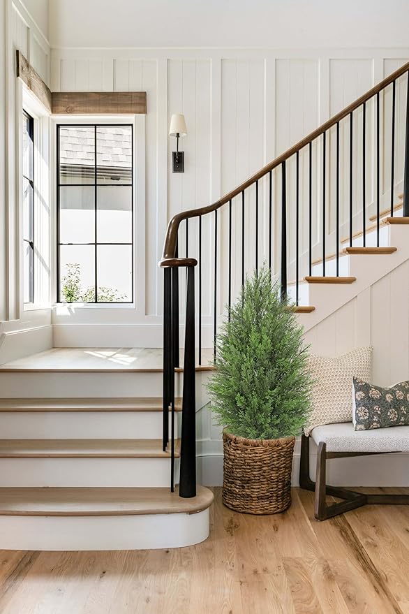 Briful 2PCS 3ft Artificial Cedar Topiary Trees in White Planter – Compact Faux Evergreen Potted Plants with Dense Realistic Layered Leaves, Lifelike Fake Cypress Trees for Home, Office, Patio, Porch