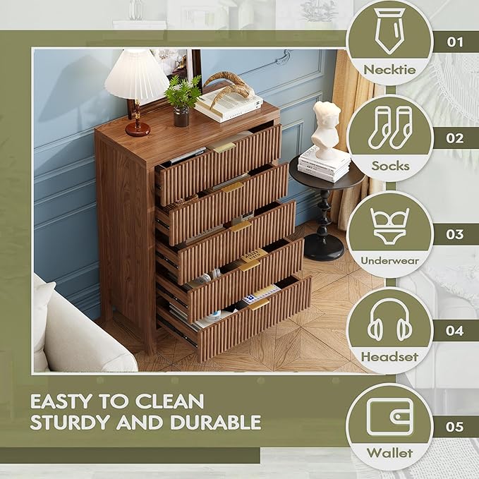 5 Drawer Dresser, 43" Tall Dresser Organizer TV Drawer Cabinet Modern Wood Storage Cabinet, Modern Wood Storage Cabinet for Bedroom, Hallway, Entryway, Walnut Oak X 2