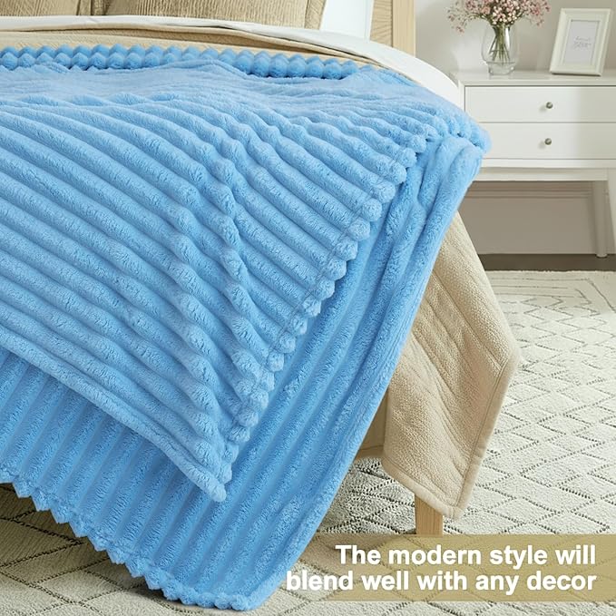 decorUhome Christmas Soft Fleece Blue Blanket Queen Size for Bed, Cozy Fluffy Plush Flannel Large Striped Throws for Couch Sofa, Lightweight Decorative Fuzzy Blanket for Woman, 90x90 Inches