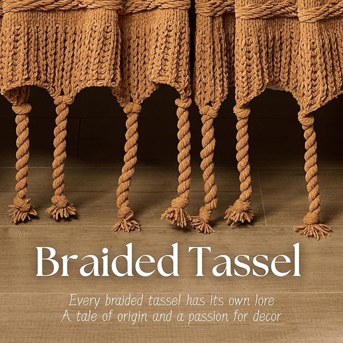 Boho Knitted Chenille Blanket with Tassels - Lightweight & Soft All-Season Throw - 3D Classic Pattern for Living Room Bedroom Couch, Amber Brown, King 90"x108"