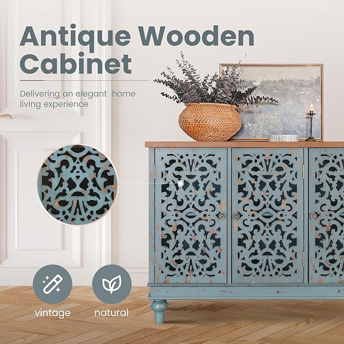 PHI VILLA Accent Cabinet with Doors - Buffet Sideboard Distressed Cupboard for Living Room/Dining Room/Hallway, Blue Storage Cabinet