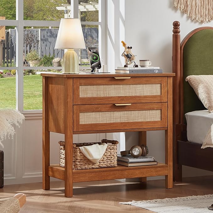LEYAOYAO 31.5" Wide Rattan Night Stand with Charger Station, Oversized Large Boho Nightstand with 2 Drawer, Tea Brown Bed Side End Tables, Tall Bedside Table for Bedroom Living Room, Hallway