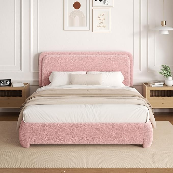 Twin Size Platform Bed Frame with Headboard, Boucle Upholstered Desige, Anti-Collision Corners, Soft Rounded Corners, No Box Spring Required, Easy Assembly, Noise Free