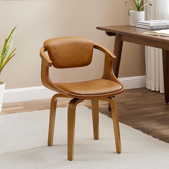 Art Leon Mid Century Modern Chair - Home Office Desk Chair Without Wheels, Faux Leather Comfy Swivel Accent Armless Chair for Living Room Bedroom Study, Retro Brown