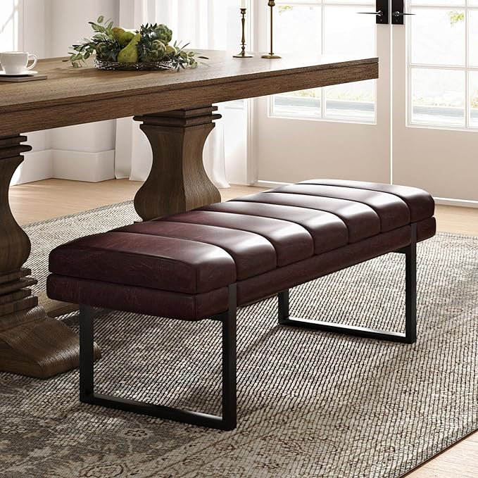 HULALA HOME 53" Faux Leather Entryway Bench, Button Tufted End of Bed Bench Ottoman for Bedroom, Living Room with Metal Base,Brown