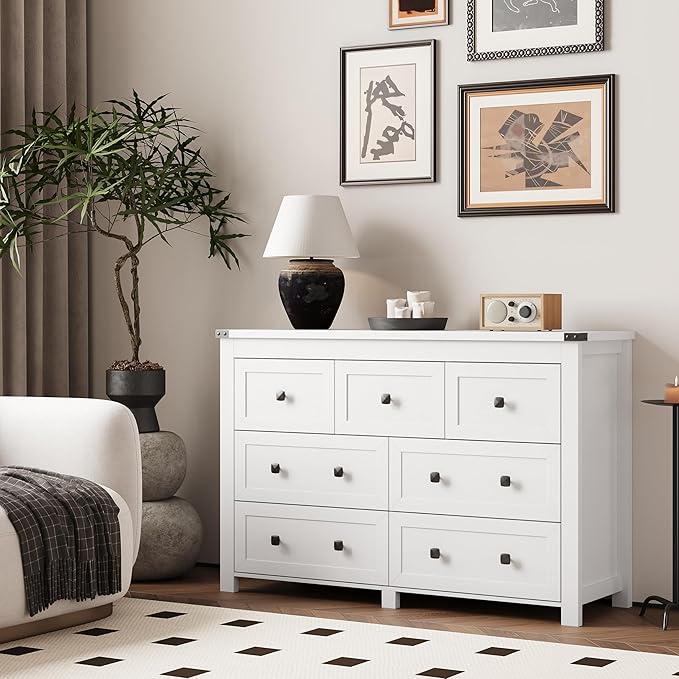 Dresser for Bedroom with 7 Drawers, Farmhouse Wood Chest of Drawers, Wide TV Stand Closet Storage Furniture with Metal Handle, Modern Clothes Organizer for Hallway, Living Room, Entryway, White