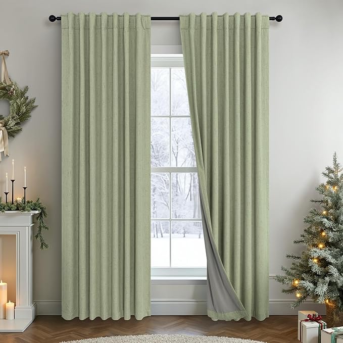 Pitalk Light Sage Green Black Out Curtains 63 Inch Long 2 Panel Set Back Tab Pleated Linen Textured Cute Blackout Curtains for Girls Bedroom Nursery Living Room Darkening Thermal Window Drapes Vintage