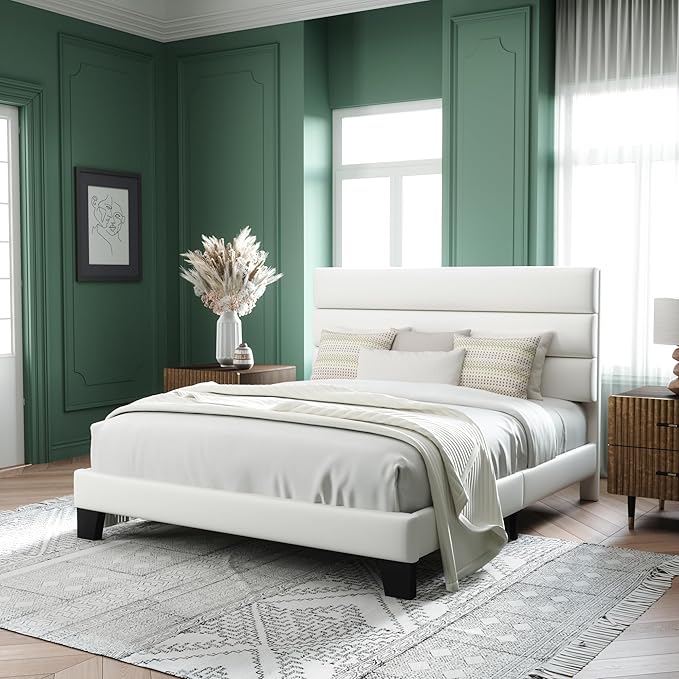 Allewie Queen Size Platform Bed Frame with Velvet Upholstered Headboard and Wooden Slats Support, Fully Mattress Foundation/No Box Spring Needed/Easy Assembly, White