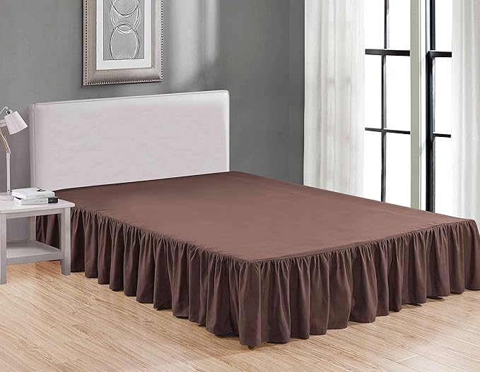 Sheets & Beyond Wrap Around Solid Microfiber Luxury Hotel Quality Fabric Bedroom Gathered Ruffled Bedding Bed Skirt 14 Inch Drop (Full, Brown)