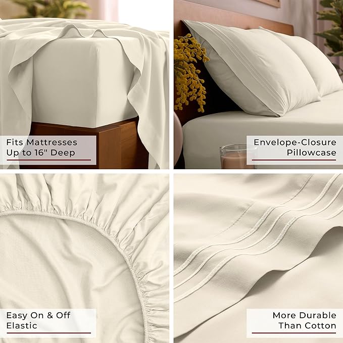 Mellanni Twin Sheet Set - 4-Piece Iconic Collection Bedding, (Including 2 Pillowcases), 16-Inch Deep Pocket, Easy Care, Extra Soft, Cooling Sheets, Brushed Microfiber - Golden Ivory