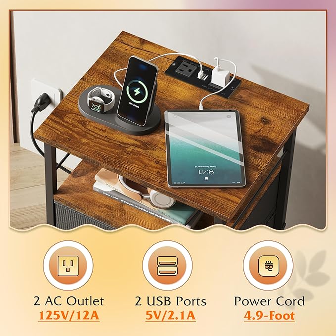 WLIVE Nightstand with Charging Station, Night Stand with 2 Fabric Drawers, Bedside Table, Small Dresser for Bedroom, Side Table with USB Ports and Outlets, Black and Rustic Brown