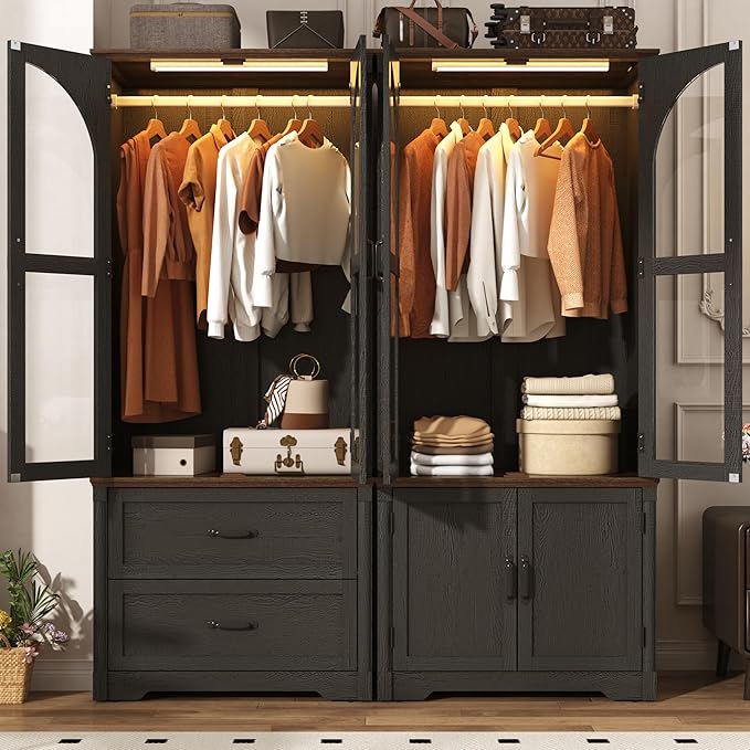 Tall Farmhouse 4 Doors Armoire Wardrobe Closet with LED ,72" Freestanding Arched Wardrobe Closet Cabinet for Bedroom w Glass Doors/Drawers,Wooden Clothing Storage Cabinet,Closets for Bedroom(Black)