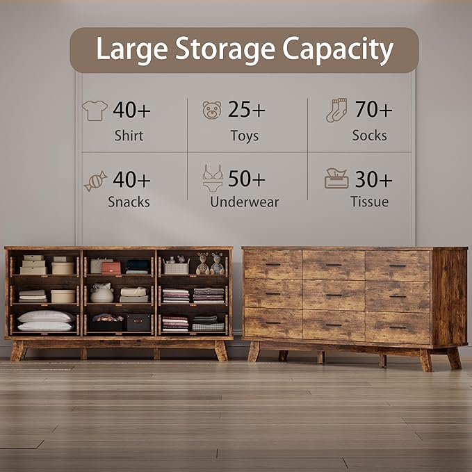 Dresser for Bedroom, 9 Drawer Wide Modern Chest of Drawers with X-Shaped Sturdy Base, Wood Double Dresser Closet Clothes Storage Organizer, Wooden TV Stand for Living Room, Hallway, Brown