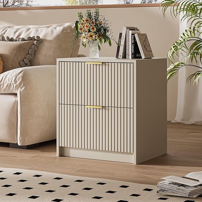 Set of 2 Fluted Nightstand with 2 Drawers, Modern Storage Bedside Table with Golden Metal Handles, Wooden End Table for Bedroom, Beige