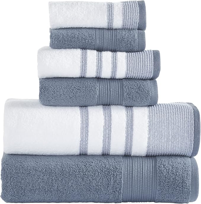 Modern Threads 6 Piece Set, 2 Bath Towels, 2 Hand Towels, 2 Washcloths, Quick Dry White/Contrast Reinhart Denim
