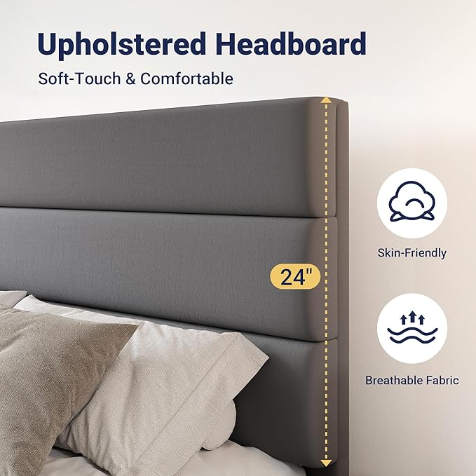 Allewie Modern Full Size Platform Bed Frame with 4 Storage Drawers and Velvet Upholstered Headboard, Wooden Slats Support, Upholstered Mattress Foundation/No Box Spring Needed/Easy Assembly, Grey