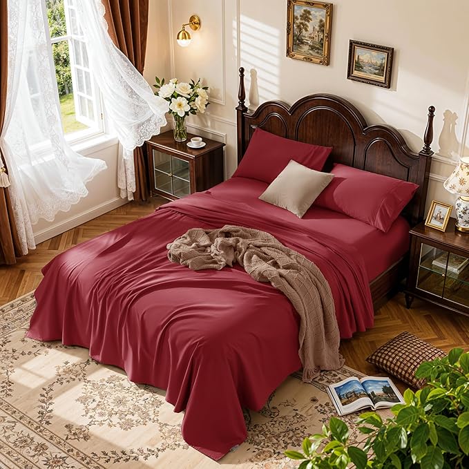 LBRO2M 1000 Thread Count 100% Egyptian Cotton Sheets Set King Size, 4 Piece Sets Bed Sheet Deep Pocket Sheet Set 16" Soft Comfortable All Season (King, Burgundy)