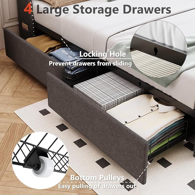 Queen Size Bed Frame with 4 Drawers and Storage Headboard, Upholstered Wingback Bed Frame with LED Lights and Charging Station, No Box Spring Needed, Easy Assembly, Noise Free, Grey